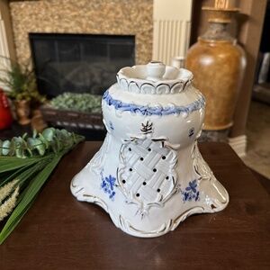 Vintage Porcelain Candle Cover 7 1/2” Tall White Blue Flowers